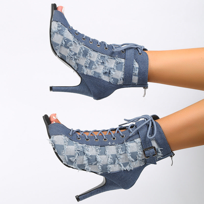 Open Toe Denim High Heel Sandals