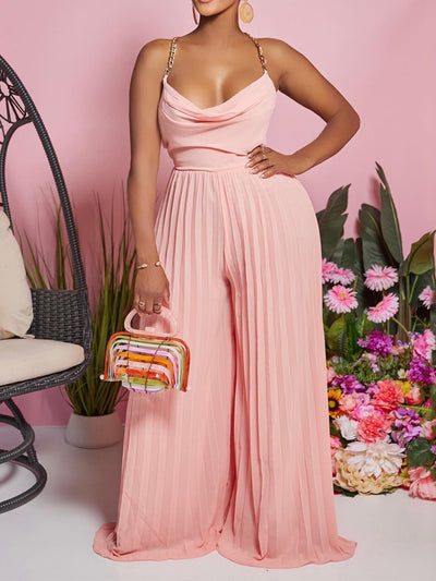 Drape Neck Chain Backless Pleated Jumpsuits