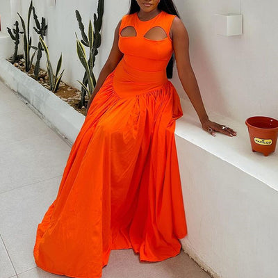 Cut Out Sleeveless Orange Swing Maxi Dress