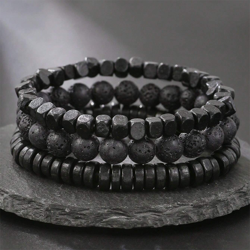 Bracelet 3 pièces en perles de bois et de pierre de lave noire Aule