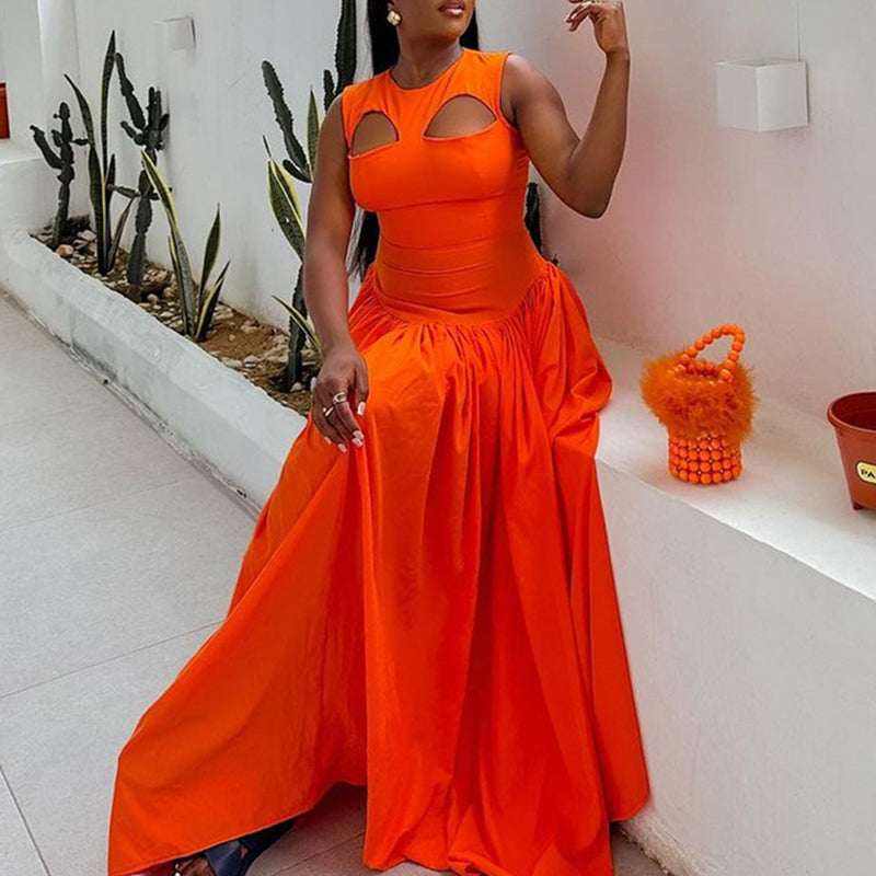 Cut Out Sleeveless Orange Swing Maxi Dress