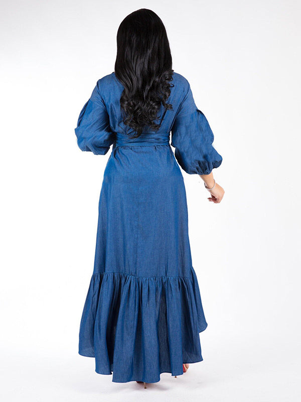 Ruffle Wraped Denim Knot Side Maxi Dress