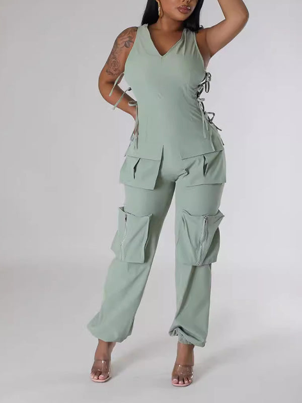 Side Tie Up V-Neck Cargo Jumpsuits