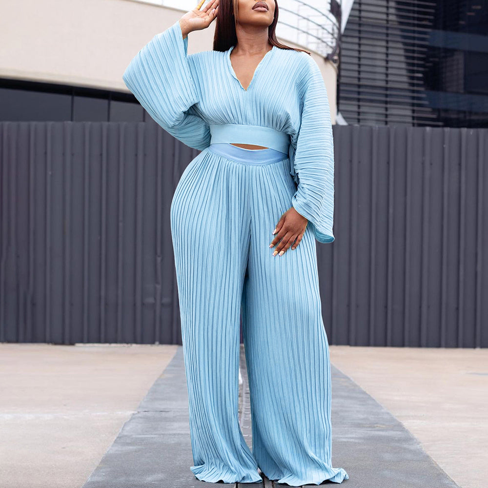 Pleated V Neck Crop Top Wide Leg Pants Set