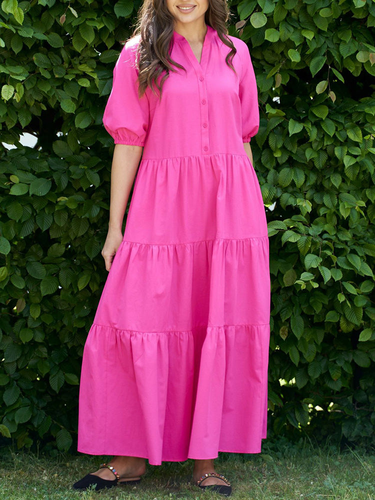 V-Neck Tiered Button Down Swing Maxi Dress