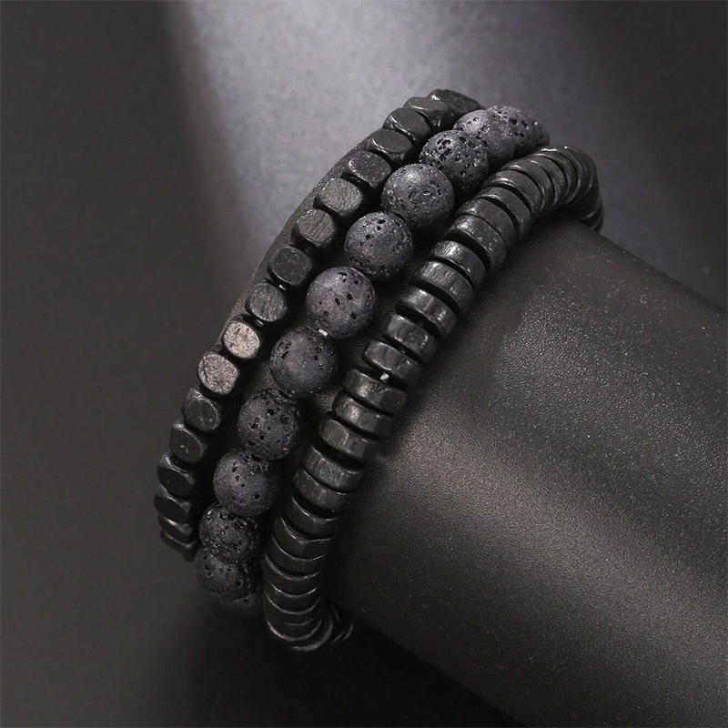 Aule Black Lava Rock Wood Bead 3Pcs Bracelet