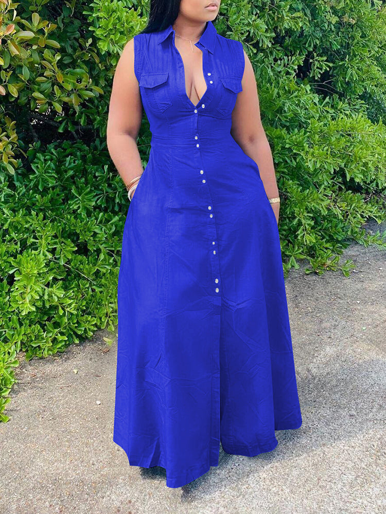 Sleeveless Collar Button-Down Maxi Dress