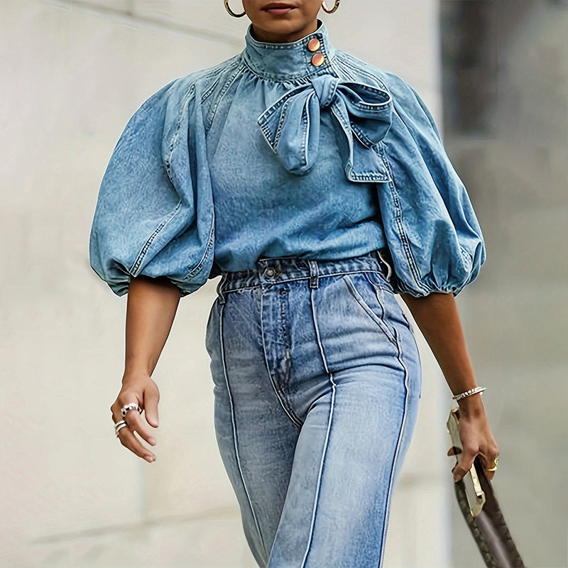 Puff Sleeve Bow Denim Tops