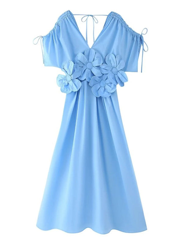 V-neck Flower Decor Swing Maxi Dress