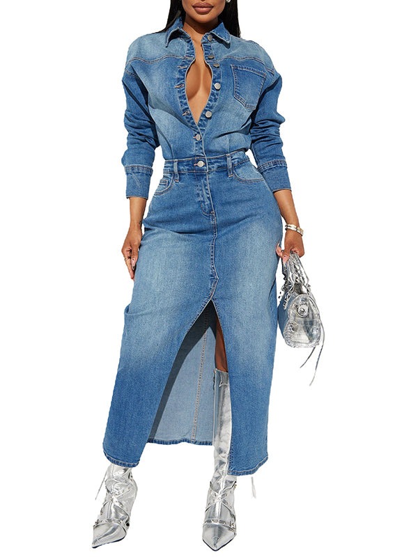 Denim Long Sleee Split Maxi Dress