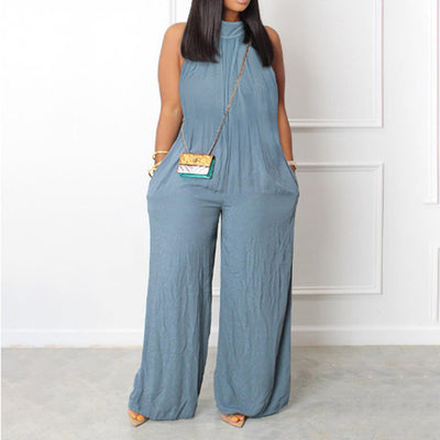 Ärmelloser Jumpsuit aus Baumwollleinen mit Rollkragen