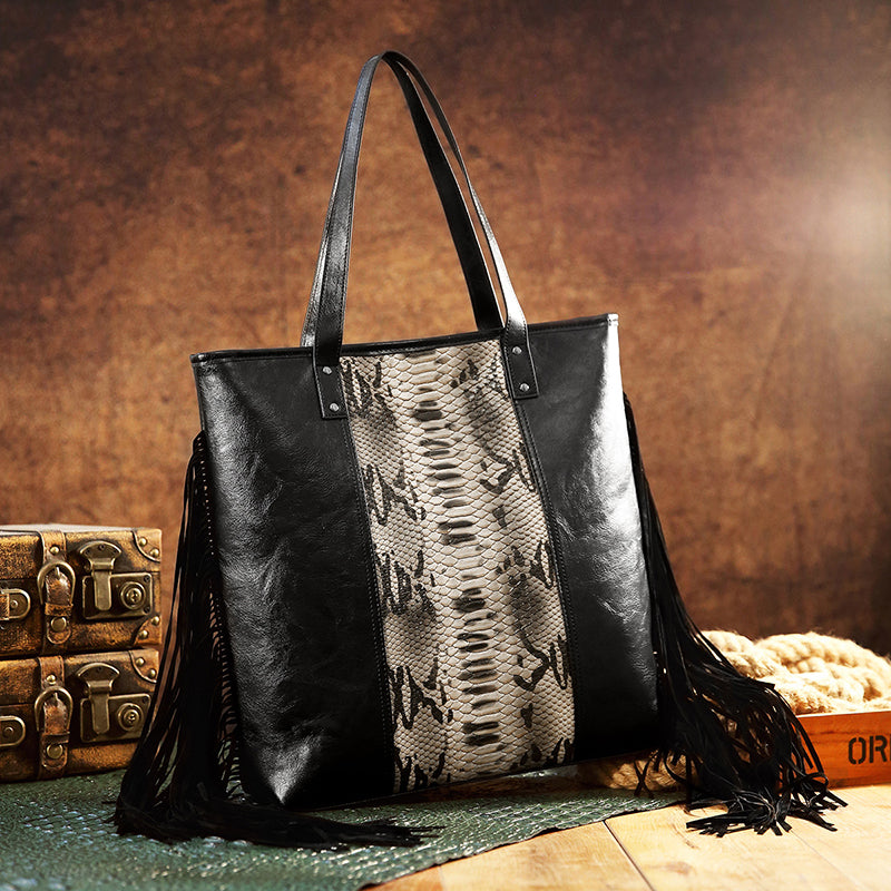 Snake Ptinted Fringe Tote Bag