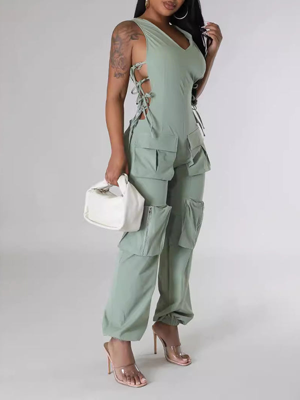 Side Tie Up V-Neck Cargo Jumpsuits