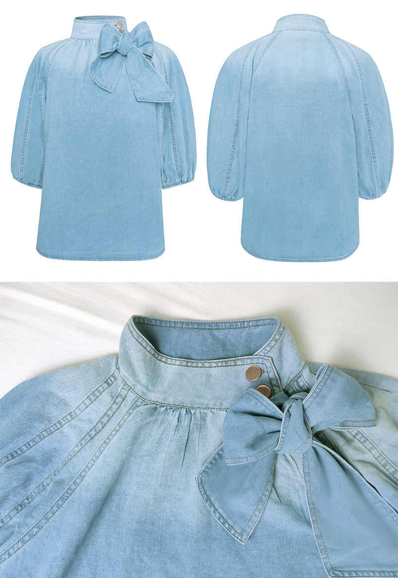 Puff Sleeve Bow Denim Tops