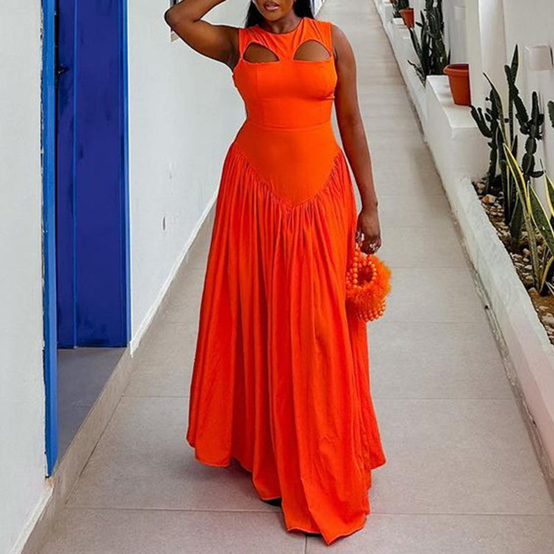 Cut Out Sleeveless Orange Swing Maxi Dress