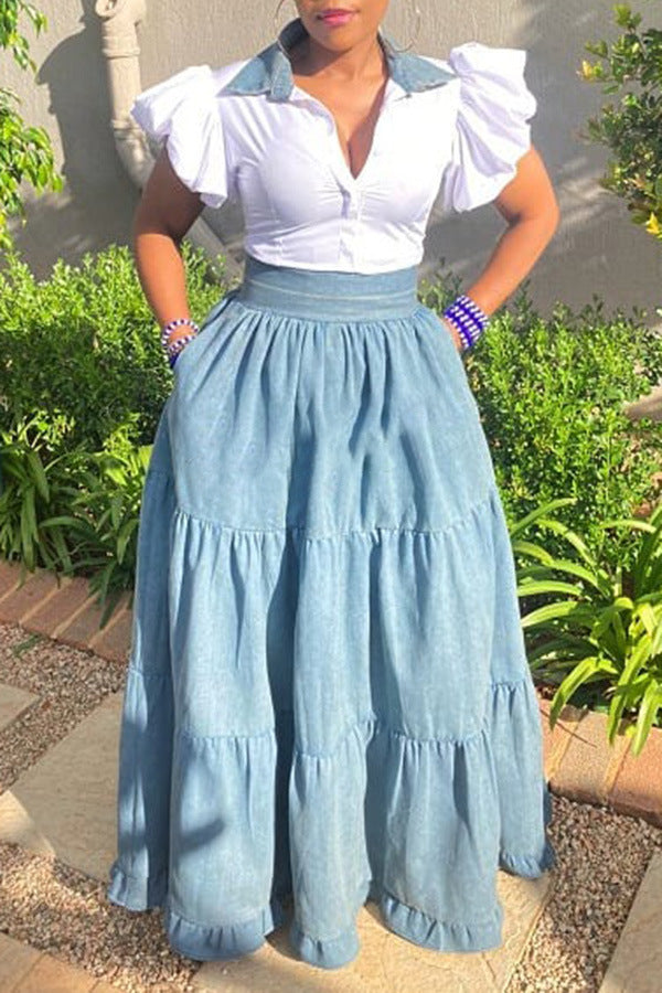 Tiered Denim Maxi Skirt