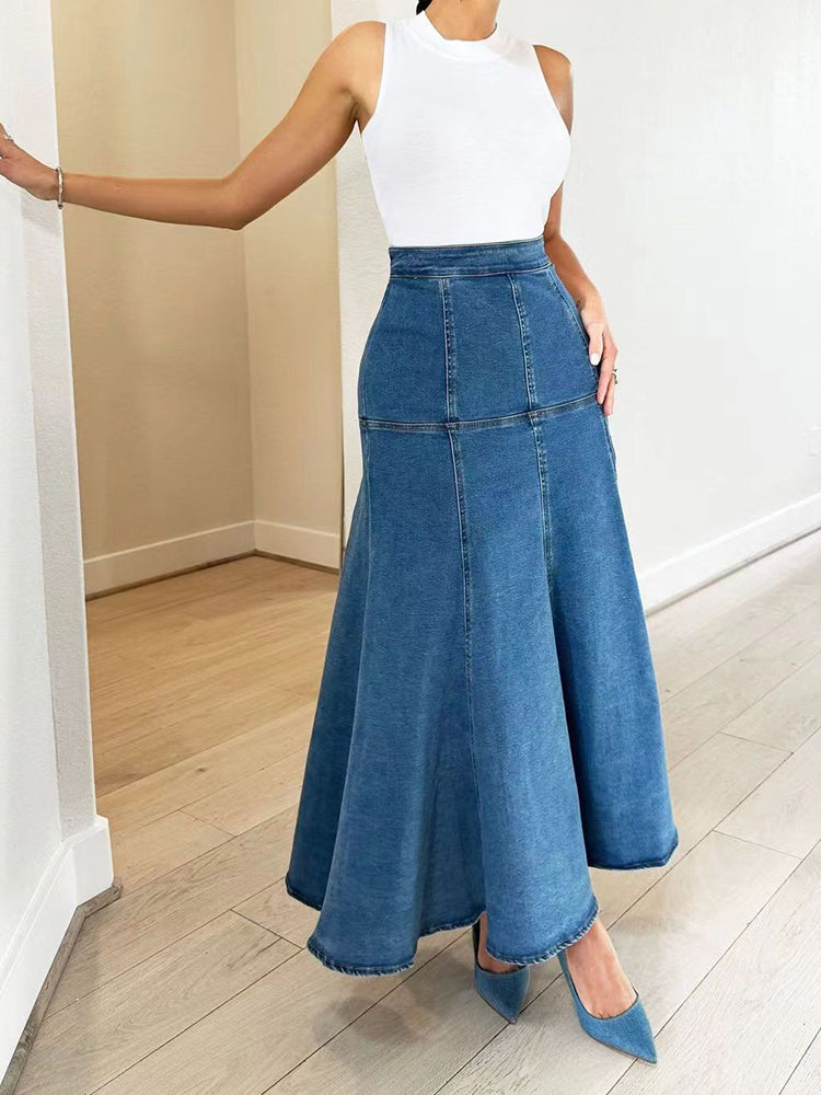 Ruffle Hem Denim Maxi Skirt