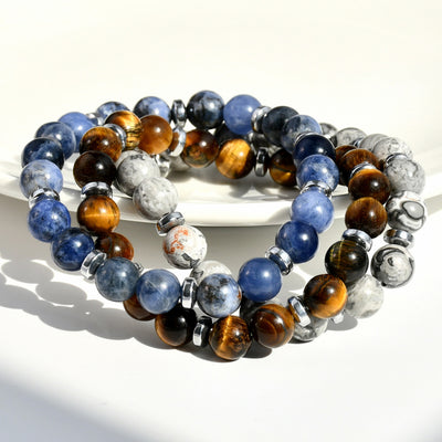 Bracelets en perles métalliques en agate bleue Aule