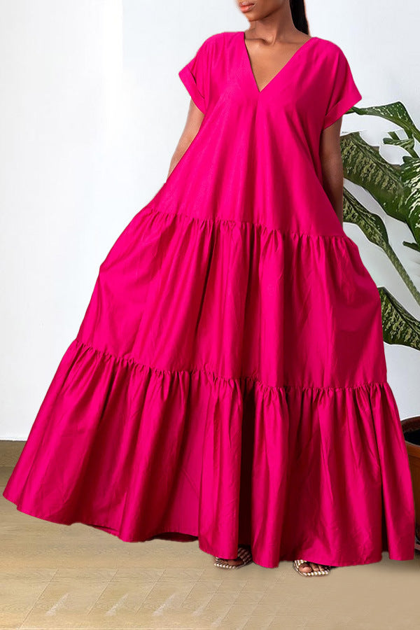 V Neck Tiered Swing Maxi Dress