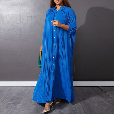 Button-Down Pleated Solid Loose Maxi Dress