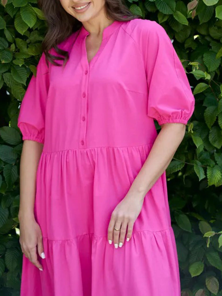 V-Neck Tiered Button Down Swing Maxi Dress