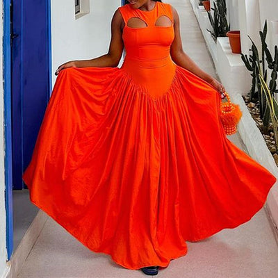 Robe longue trapèze orange sans manches à découpes