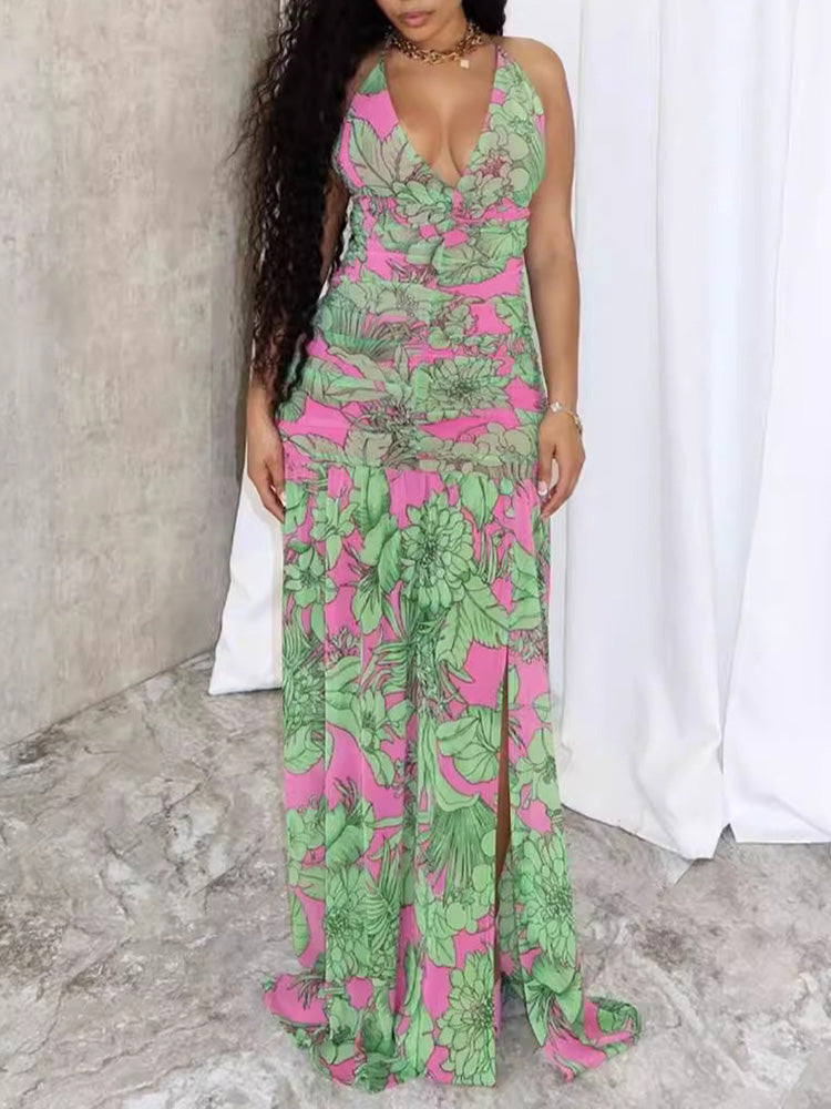 Halter Floral V-Neck Split Maxi Dress