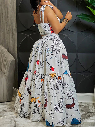 Spaghetti Straps Printed Maxi Skirt Set