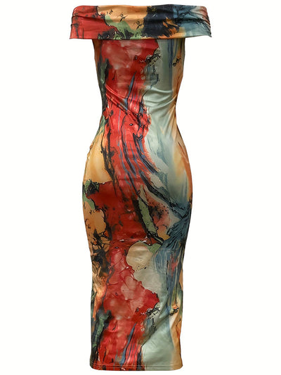 Robe mi-longue à épaules dénudées et motif tie-dye