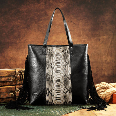 Snake Ptinted Fringe Tote Bag