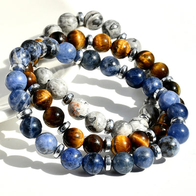 Bracelets en perles métalliques en agate bleue Aule