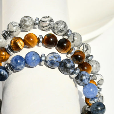 Bracelets en perles métalliques en agate bleue Aule