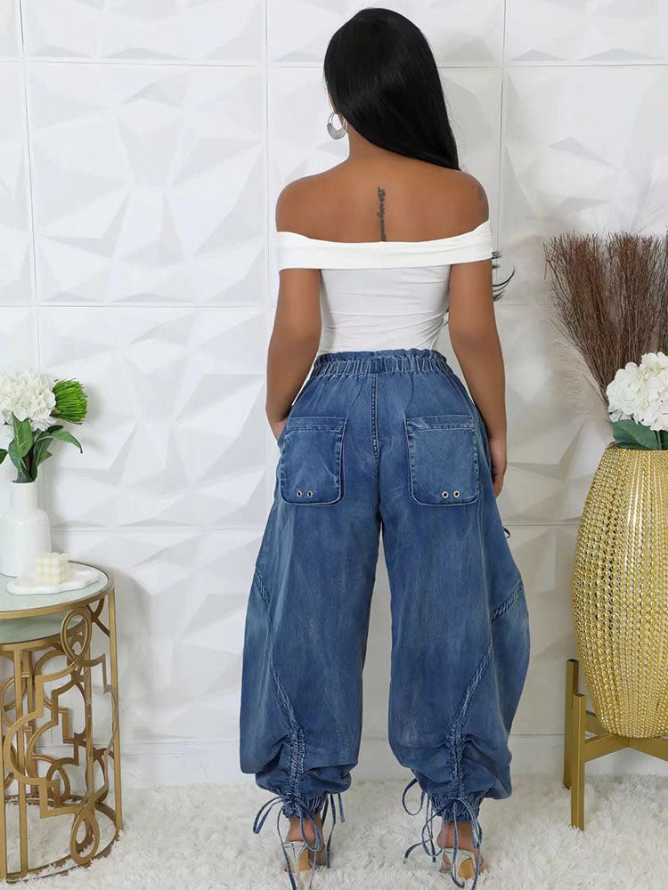 Bow-Knot Cuffed Hem Denim Pants