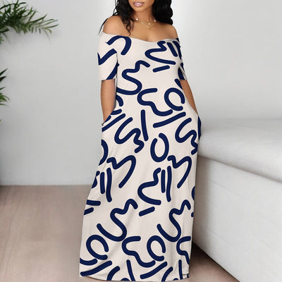 Line Printed Off Shoulder Maxi Dress