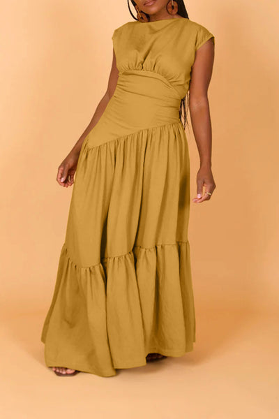 Sleeveless Crew Neck Ruched Maxi Dress