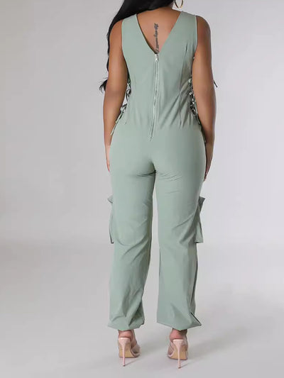 Side Tie Up V-Neck Cargo Jumpsuits