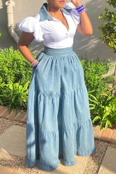 Tiered Denim Maxi Skirt