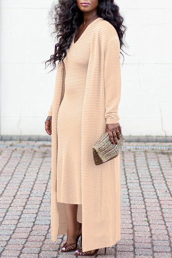 Ribbed V-Neck Dress Long Coat Set