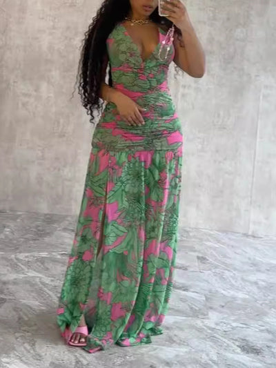 Halter Floral V-Neck Split Maxi Dress