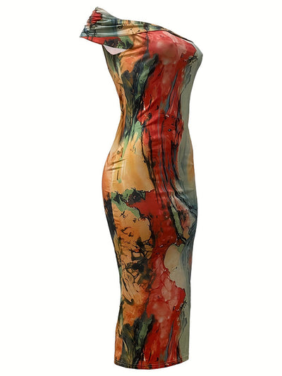 Robe mi-longue à épaules dénudées et motif tie-dye