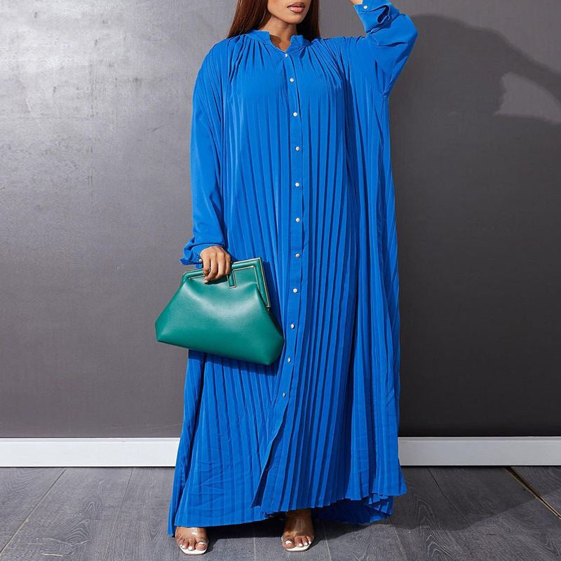 Button-Down Pleated Solid Loose Maxi Dress