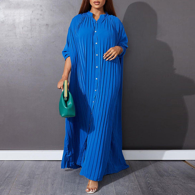 Button-Down Pleated Solid Loose Maxi Dress