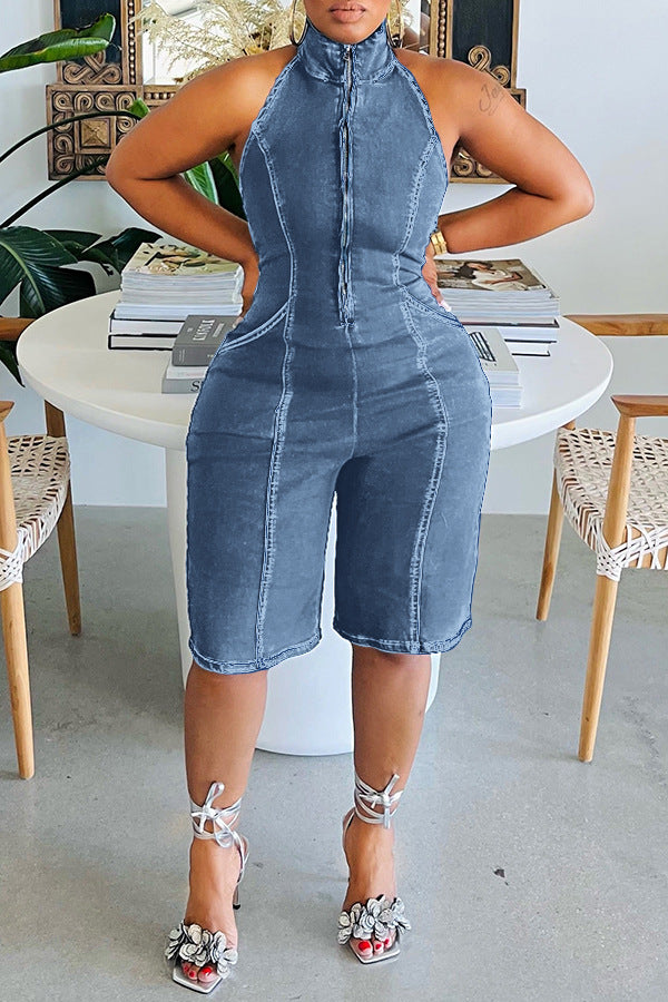 Zip Up Halter Neck Backless Denim  Rompers