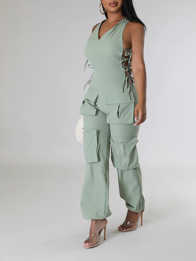 Side Tie Up V-Neck Cargo Jumpsuits