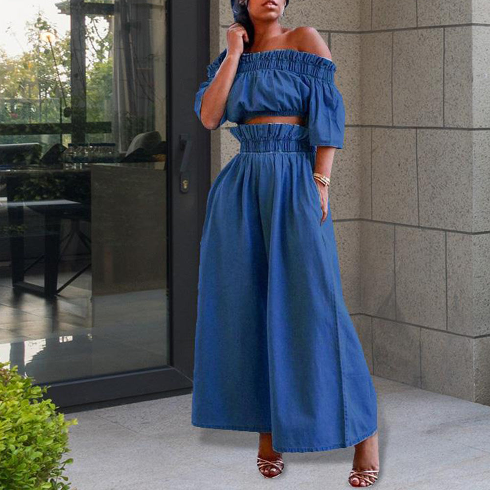 Denim Cop Top Wide Leg Pants Set