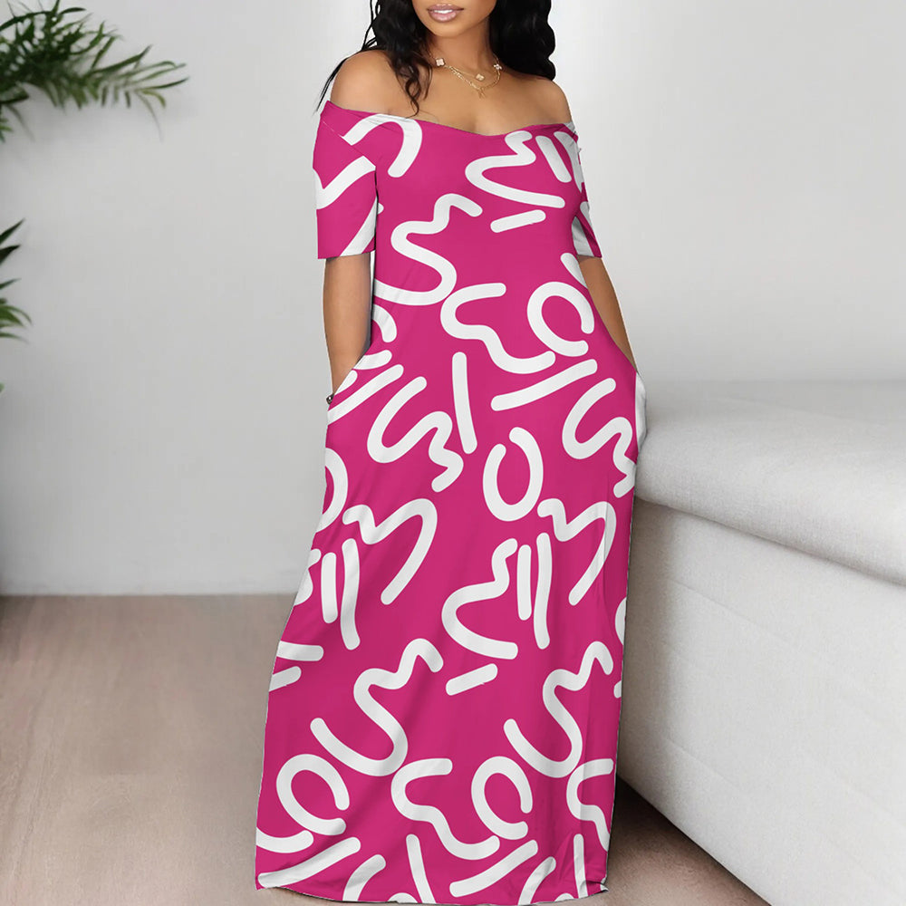 Line Printed Off Shoulder Maxi Dress