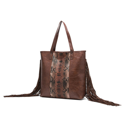 Snake Ptinted Fringe Tote Bag