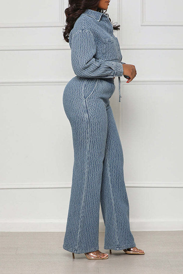 Demin Crop Top Long Sleeve Set