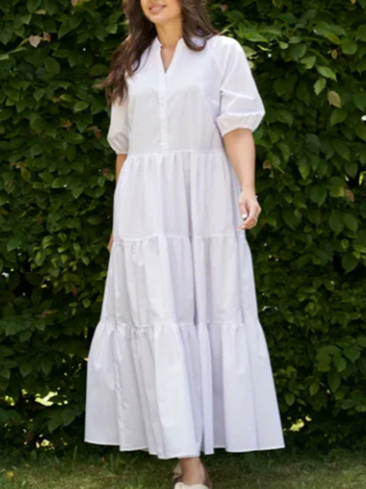 V-Neck Tiered Button Down Swing Maxi Dress