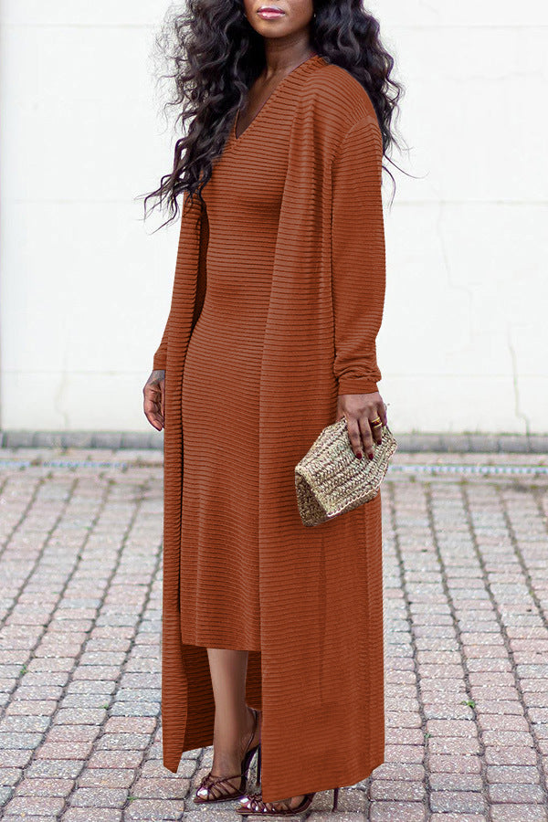 Ribbed V-Neck Dress Long Coat Set